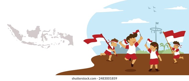 Banner mit einer Abbildung von Kindern, die die indonesische Unabhängigkeit mit einer Flagge feiern