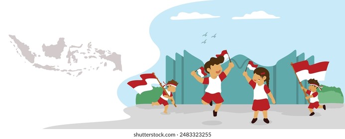 banner with an illustration of children enjoying celebrating Indonesian independence by carrying the flag in front of the state palace