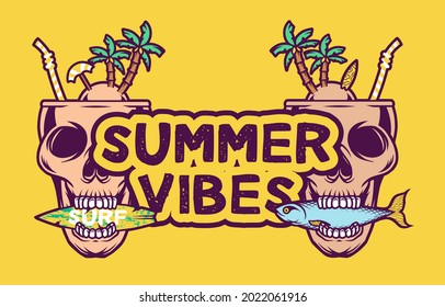 Banner illustration of a cocktail skull and summer island.