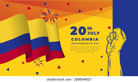 Banner illustration of Colombia independence day celebration. Waving flag and hands clenched. Vector illustration.