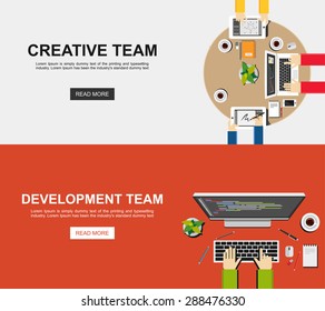 Banner illustration of creative team and development team. Flat design illustration concepts for analysis, working, brainstorming, working, meeting coding, programming, and teamwork. 