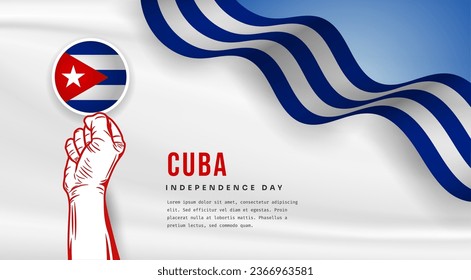 Banner illustration of Cuba independence day celebration with text space. Waving flag and hands clenched. Vector illustration.