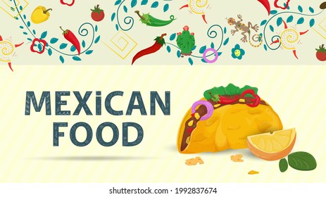 banner illustration for a design in a flat style, on the theme of Mexican food, the inscription name and a large taco tortilla with a filling and a slice of lemon