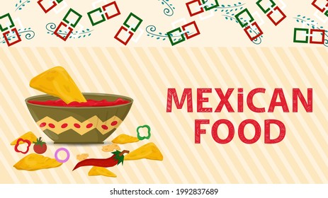 banner illustration for design in flat style, on the theme of Mexican food, inscription name, large cup of salsa sauce