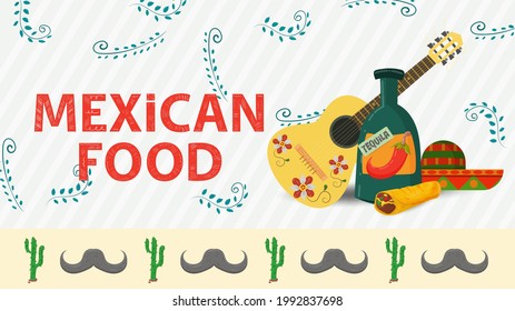 banner illustration for a design in a flat style, on the theme of Mexican food, an inscription name, a guitar a large bottle of tequila drink and a sombrero hat