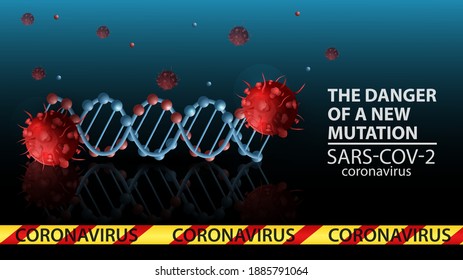 banner illustration for the design, with the inscription warning of a new mutation of the virus, corona SARS-CoV-2, DNA affected by the disease