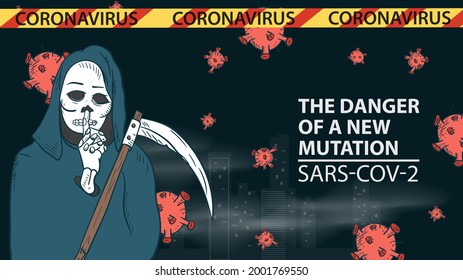 banner illustration for the design of the new virus corona SARS-CoV-2, death with a scythe on the background of the city and flying virus molecules