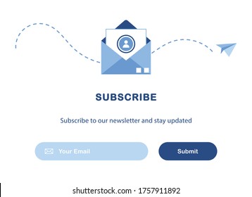 Banner illustration of email marketing. Subscription to newsletter, news, offers, promotions. A letter in an envelope. Template. Send by mail. Subscribe, submit. Blue and White. Eps 10