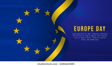 Banner illustration of Europe day celebration with text space. Waving flag and hands clenched. Vector illustration.