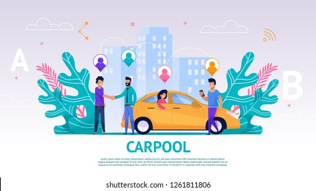 Banner Illustration Group People Travel Companion. Vector Image Carpool. Men Greet. Guy Driver Greet his Fellow Travelers on Road. Traveling Together by Car. Woman Sitting Back Seat Car Waiting Trip