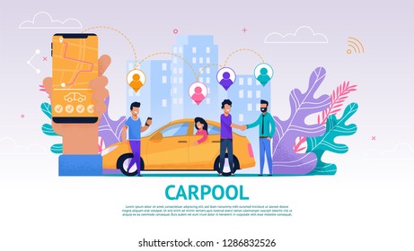 Banner Illustration Group People Travel Companion. Vector Image Carpool. Mobile Screen Meeting Location Map. Men Greet. Guy Driver Happily Greet his Fellow Travelers Road. Traveling Together by Car