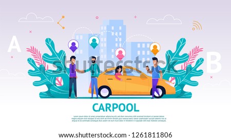 Banner Illustration Group People Travel Companion. Vector Image Carpool. Men Greet. Guy Driver Greet his Fellow Travelers on Road. Traveling Together by Car. Woman Sitting Back Seat Car Waiting Trip