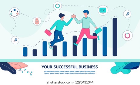 Banner Illustration Help Your Successful Businness. Flat Vector Man and Woman Jump Happiness Completion Successful Transaction. Economic Growth Graph. Financial Management. Stock Broker. Upward Arrow.