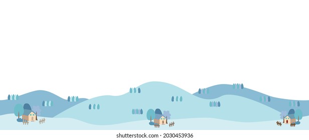 Banner illustration of a hill and a house in a winter landscape.