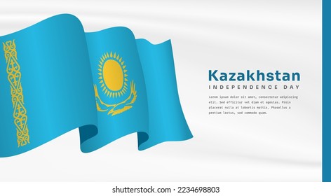 Banner illustration of Kazakhstan independence day celebration with text space. Waving flag and hands clenched. Vector illustration.