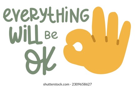 A banner with an illustration of a large cartoon hand that shows a sign of approx. An open hand with the thumb and forefinger joined, the ok sign, everything is fine. Inspiring, supportive banner. OK
