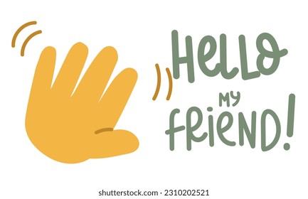 A banner with an illustration of a large cartoon hand, which depicts a greeting sign. An open palm waves in greeting, goodwill. Intensive hand movement Hello my friend. Inspirational banner horizontal