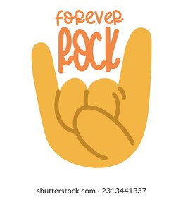 A banner with an illustration of a large cartoon hand, which depicts the rock forever sign. Palm with open fingers, index and little finger, the sign of the rock. Inspiring, supportive banner. Square