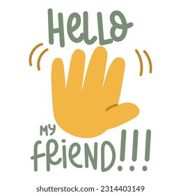 A banner with an illustration of a large cartoon hand, which depicts a welcome sign. The open palm waves in greeting, goodwill. Intensive hand movement Hello, my friend. Square inspirational banner.