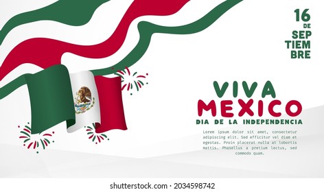 Banner illustration of Mexico independence day celebration. Translation: September 16, Long live Mexico, Independence Day! Waving flag and hands clenched. Vector illustration.