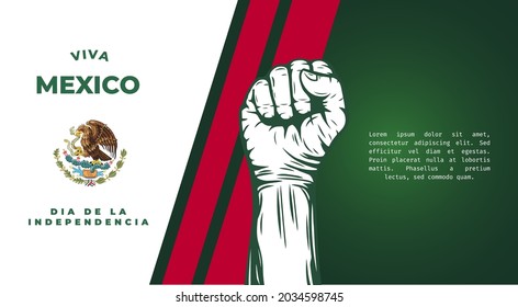 Banner illustration of Mexico independence day celebration. Translation: September 16, Long live Mexico, Independence Day! Waving flag and hands clenched. Vector illustration.