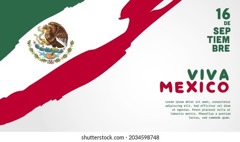 Banner illustration of Mexico independence day celebration. Translation: September 16, Long live Mexico, Independence Day! Waving flag and hands clenched. Vector illustration.