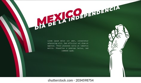 Banner illustration of Mexico independence day celebration. Translation: September 16, Long live Mexico, Independence Day! Waving flag and hands clenched. Vector illustration.