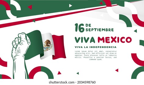 Banner illustration of Mexico independence day celebration. Translation: September 16, Long live Mexico, Independence Day! Waving flag and hands clenched. Vector illustration.