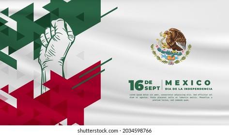 Banner illustration of Mexico independence day celebration. Translation: September 16, Long live Mexico, Independence Day! Waving flag and hands clenched. Vector illustration.