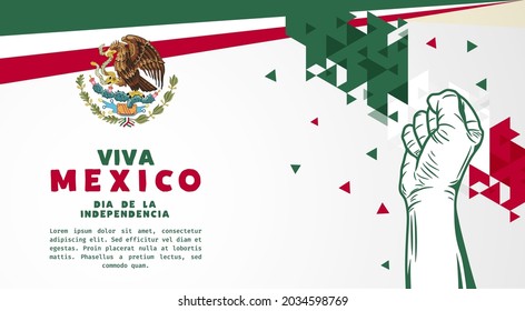 Banner illustration of Mexico independence day celebration. Translation: September 16, Long live Mexico, Independence Day! Waving flag and hands clenched. Vector illustration.