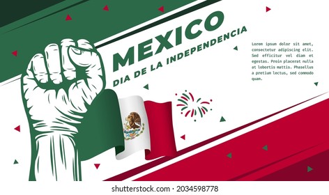 Banner illustration of Mexico independence day celebration. Translation: September 16, Long live Mexico, Independence Day! Waving flag and hands clenched. Vector illustration.