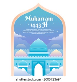 Banner-Illustration für den Monat Muharram mit blauer Moschee 