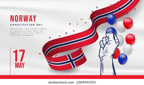 Ilustración de la celebración del Día de la Independencia de Noruega con espacio de texto. Bandera ondeando y las manos apretadas. Ilustración vectorial.