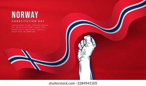 Banner illustration of Norway independence day celebration with text space. Waving flag and hands clenched. Vector illustration.