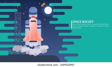 Banner illustration, on the theme of launching a spacecraft, from the spaceport, for design, startups and advertising, websites, flat vector