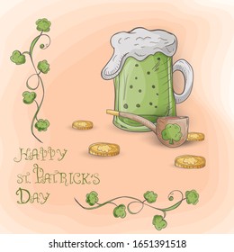 banner illustration, on the theme of St. Patrick's day, in the style of a cartoon Doodle, a mug of ale drink and a pipe for Smoking, gold coins design EPS 10