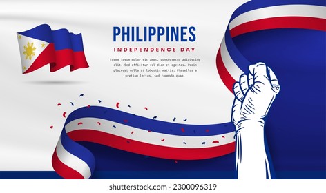 Banner illustration of Philippines independence day celebration with text space. Waving flag and hands clenched. Vector illustration.
