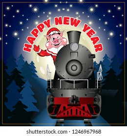 banner of a illustration of pig in clothing Santa Claus on a steam locomotive with congratulation "Happy New Year"