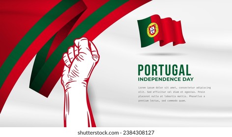 Banner illustration of Portugal independence day celebration with text space. Waving flag and hands clenched. Vector illustration.