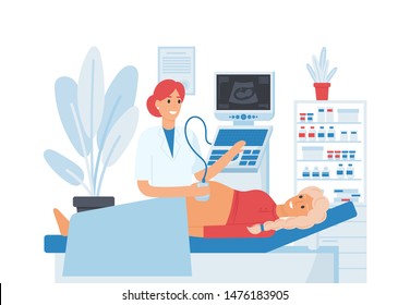 Banner illustration with pregnant woman at a consultation with a doctor, on ultrasound. Concept Patient pregnant girl. Examination by a doctor before childbirth.