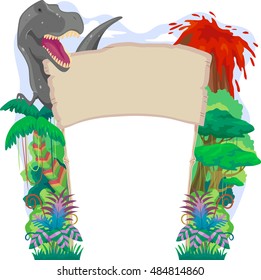 Banner Illustration with a Prehistoric Theme Featuring a T Rex, an Erupting Volcano, and a Dense Rainforest