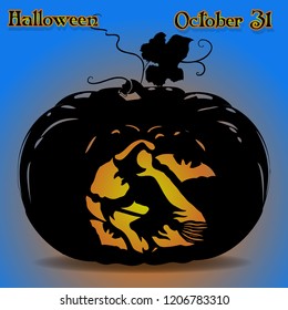 Banner illustration of a pumpkin for the holiday of Halloween where in the middle is a witch on a broom glowing on a blue background, vector