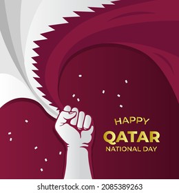 Banner illustration of Qatar national day celebration. Waving flag and hands clenched. Vector illustration.