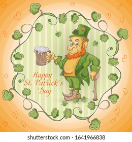 banner illustration, red leprechaun dwarf with a mug of ale and a cane in green clothing, stands in a frame of clover, design for a holiday, St. Patrick's day style, Doodle cartoon, EPS 10