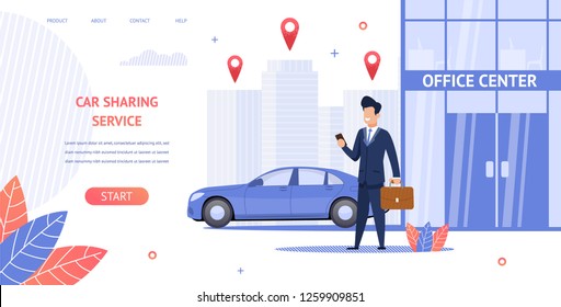 Banner Illustration Renting Car to Office Center. Vector Image Guy Businessman Trip Business Meeting with Partner Using Mobile app Car Sharing Service. Convenient Online Resource Choice and Car Rental