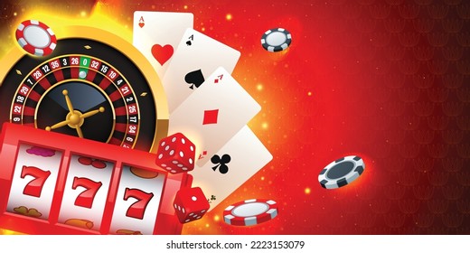 Banner-Illustration mit Roulette-Rad, Spielautomat, Spielkarten, Casino-Chips und Würfeln auf rotem, scharfem Hintergrund. Vegas Casino Spiele Hintergrund. Vektorgrafik mit rechter Seitenkopie.