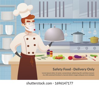 Banner Illustration Safety Food - Delivery Only. Commercial Kitchen with Cartoon Characters Chef Cook Dish Dinner. Vector Restaurant Kitchen with Culinary Staff Holding Round Cloche Tray with Food.