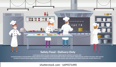 Banner Illustration Safety Food - Delivery Only. Commercial Kitchen with Cartoon Characters Chef Cook Dish Dinner. Vector Restaurant Kitchen with Culinary Staff Holding Round Cloche Tray with Food.