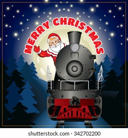 banner of a illustration of Santa Claus on a steam locomotive with congratulation "Merry Christmas"