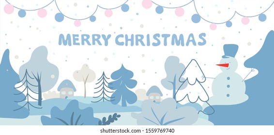 Banner illustration of snow. Pine and tree houses. Christmas and Happy new year. Winter landscape background.